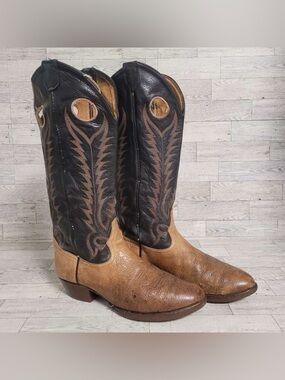 Vintage Tony Lama Western Brown Black Leather Buckaroo Cowboy Boots Men's 8.5